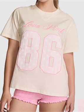 New M Medium Victoria’s Secret Love PINK 86 T Shirt Top Polka Dot Tee Cream